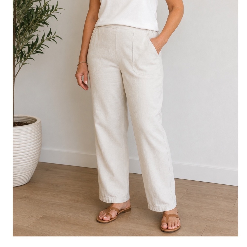 Denim & Co Womens Large Beige Elastic Waist Cotton Stretch Pull On Pants Casual